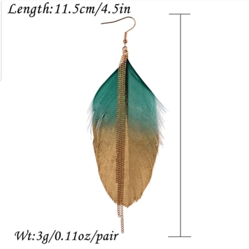 Exotic Feather Dipped in Gold Long Earrings - Picture 4 of 4